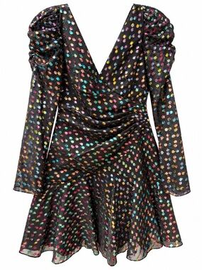 Marchesa Notte Black Metallic Fil Coupé Mini — Deep V Front & Back Puff Sleeves